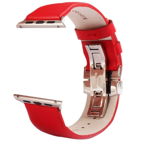 Kakapi for Apple Watch 42mm Subtle Texture Double Buckle Genuine Leather Watch Band with Connector (Red) - Image 3