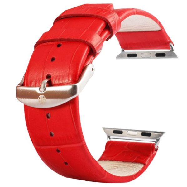 Kakapi for Apple Watch 42mm Crocodile Texture Brushed Buckle Genuine Leather Watch Band with Connector (Red)
