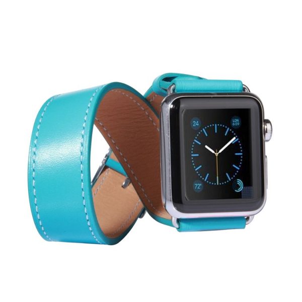 Apple Watch 42mm Double Circle Style Metal Buckle Cowhide Leather Watch Band with Connector (Blue) - Image 2