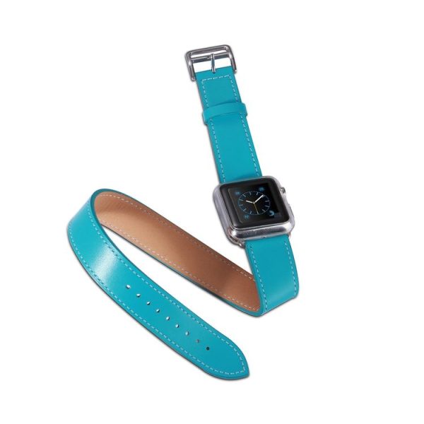 Apple Watch 42mm Double Circle Style Metal Buckle Cowhide Leather Watch Band with Connector (Blue) - Image 3