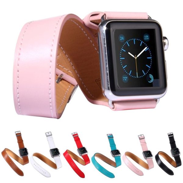 Apple Watch 42mm Double Circle Style Metal Buckle Cowhide Leather Watch Band with Connector (Blue) - Image 8