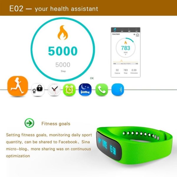 E02 Bluetooth 4.0 Smart Sports Bracelet, Support Camera Remote / Video Remote / Sport Tracking / Sleep Tracking / Watch Function (Green) - Image 11