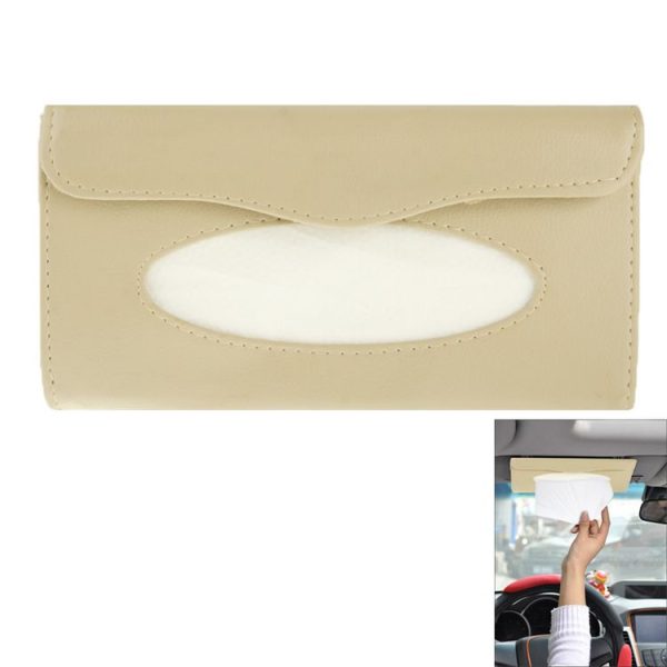Elegant PU Leather Car Sun Visor Tissue Paper Holder Dispenser Box (Beige)
