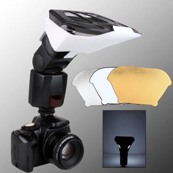 Universal FB-10X Camera Top Flash Light Speedlite Bounce Focus Flash Diffuser with 3 PCS Removable Color Light Reflector (Black) - Image 7