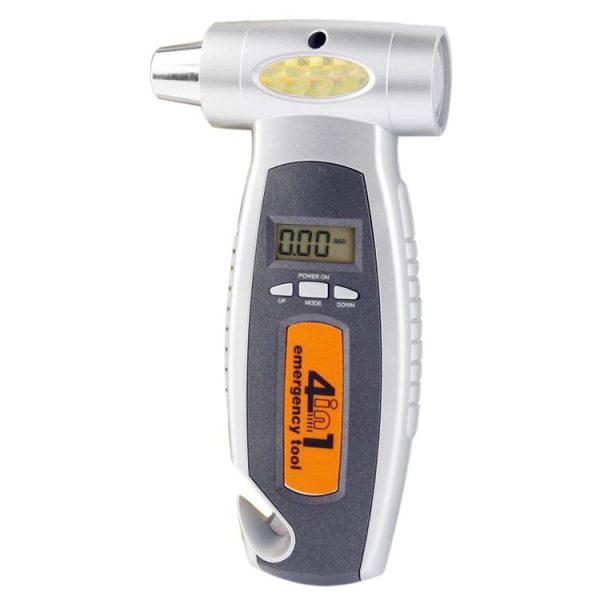 4 in 1 (Digital Tire Gauge + Flashlight + Emergency Hammer + Emergency Seat Belt Cutter) Emergency Utility Tool (Silver) - Image 2