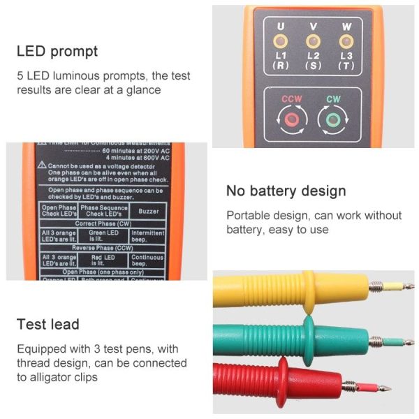 SM852B 3 Phase Rotation Tester Indicator Detector Meter (Orange) - Image 6