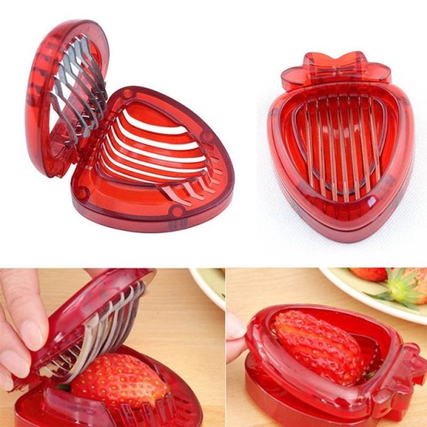 Kitchen Tool Plastic Strawberry Slicer Fruit Knife with Stainless Steel Blade (Red)