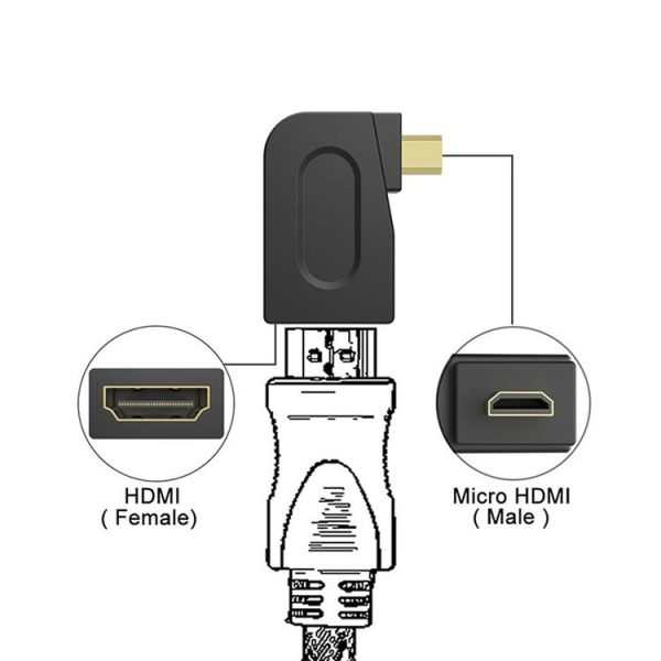 Gold Plated Micro HDMI Male to HDMI 19 Pin Female Adaptor with 90 Degree Angle (Black) - Image 6