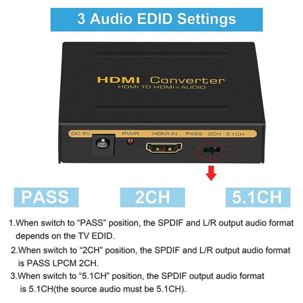 HDMI to HDMI + Audio (SPDIF + R / L) Converter (EU Plug) (Black) - Image 3