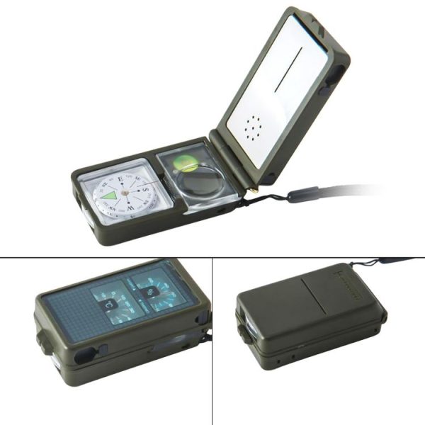 10 in 1 (Thermometer, Hygrometer, LED light, Reflector, Spirit level, Compass, Whistle, Flint, Magnifier, Ruler) Multi-Function Portable Compass - Image 2