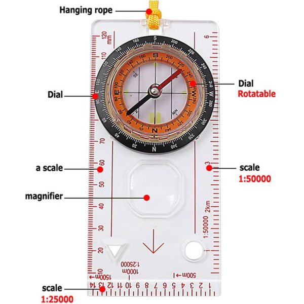 2 in 1 Compass with Map Measuring Ruler Lanyard Emergency Survival Tool (Transparent) - Image 3