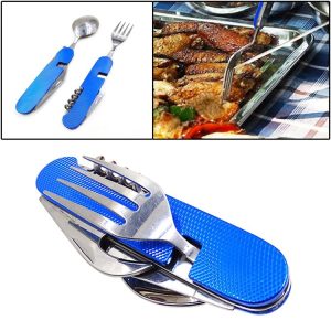 6-in-1 Stainless Steel Travel / Camping Folding Cutlery Set, Spoon + Fork + Knife + Bottle Opener Set (Blue)