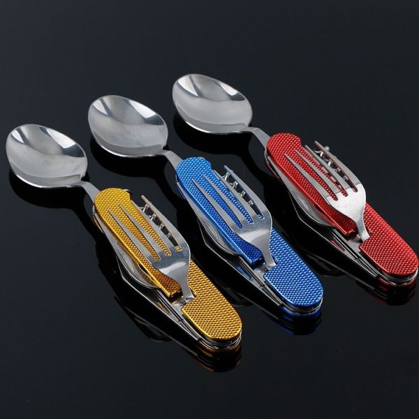 6-in-1 Stainless Steel Travel / Camping Folding Cutlery Set, Spoon + Fork + Knife + Bottle Opener Set (Blue) - Image 10