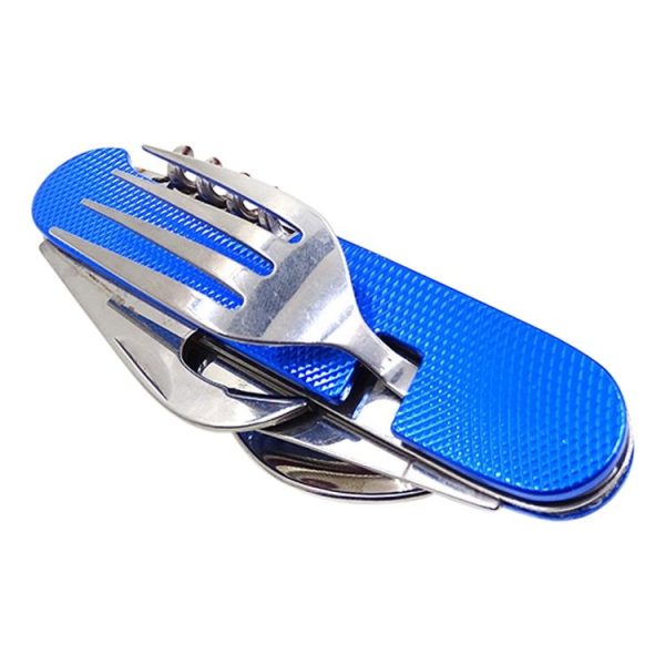 6-in-1 Stainless Steel Travel / Camping Folding Cutlery Set, Spoon + Fork + Knife + Bottle Opener Set (Blue) - Image 2