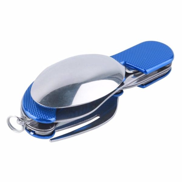 6-in-1 Stainless Steel Travel / Camping Folding Cutlery Set, Spoon + Fork + Knife + Bottle Opener Set (Blue) - Image 3