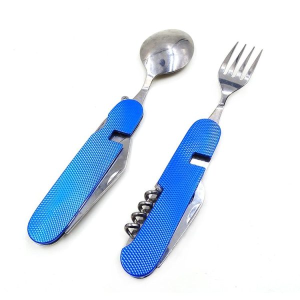 6-in-1 Stainless Steel Travel / Camping Folding Cutlery Set, Spoon + Fork + Knife + Bottle Opener Set (Blue) - Image 4