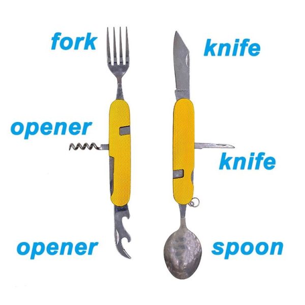 6-in-1 Stainless Steel Travel / Camping Folding Cutlery Set, Spoon + Fork + Knife + Bottle Opener Set (Blue) - Image 5