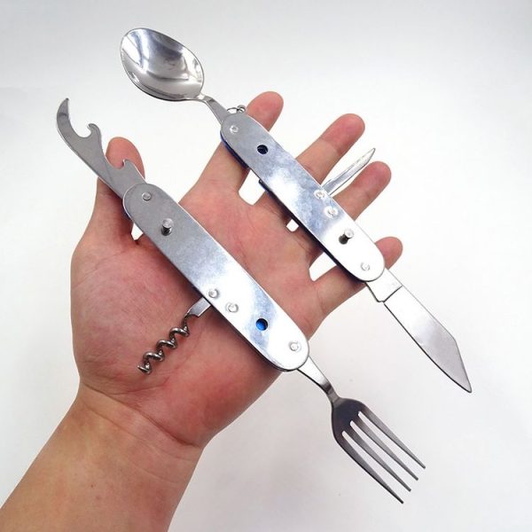 6-in-1 Stainless Steel Travel / Camping Folding Cutlery Set, Spoon + Fork + Knife + Bottle Opener Set (Blue) - Image 6
