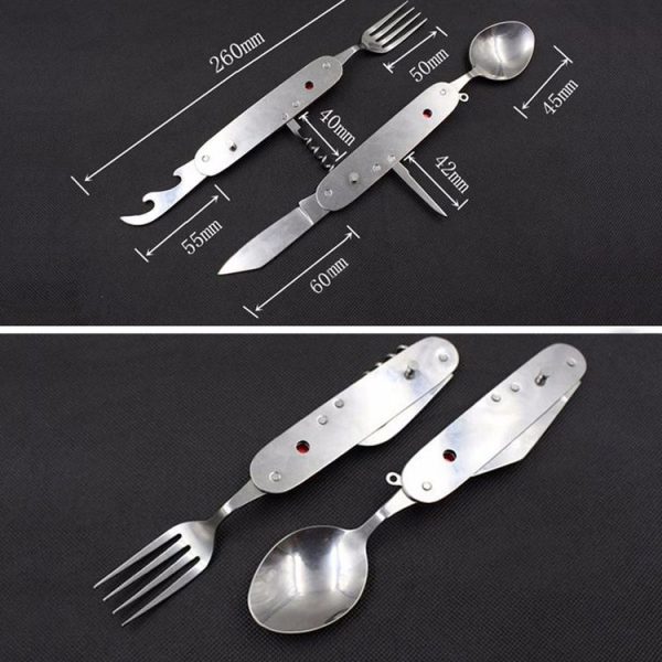 6-in-1 Stainless Steel Travel / Camping Folding Cutlery Set, Spoon + Fork + Knife + Bottle Opener Set (Blue) - Image 7