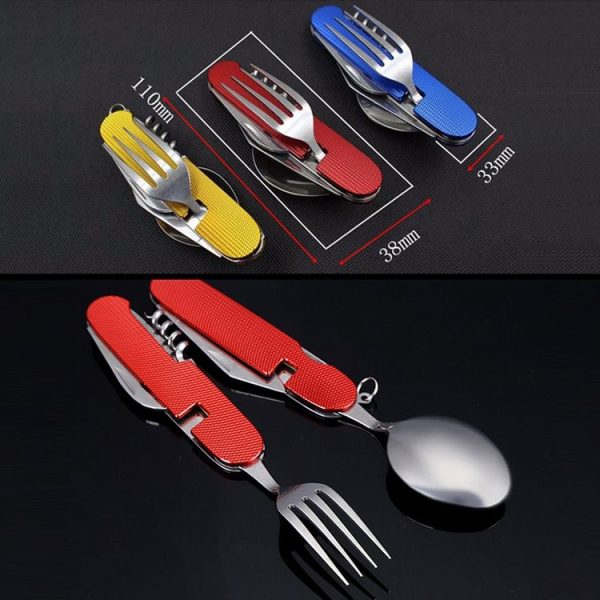 6-in-1 Stainless Steel Travel / Camping Folding Cutlery Set, Spoon + Fork + Knife + Bottle Opener Set (Blue) - Image 8