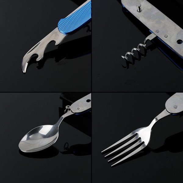 6-in-1 Stainless Steel Travel / Camping Folding Cutlery Set, Spoon + Fork + Knife + Bottle Opener Set (Blue) - Image 9