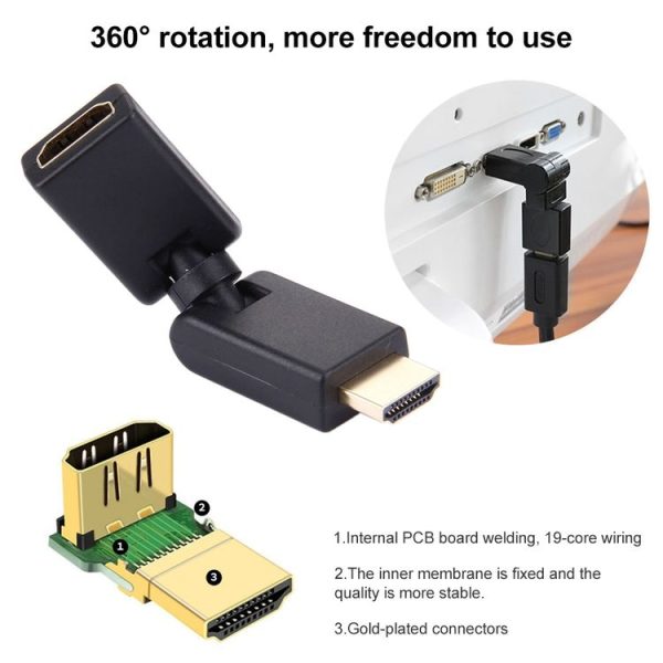 HDMI 19 Pin Male to Female 360 Degree SWIVEL Adaptor (Gold Plated) (Black) - Image 5