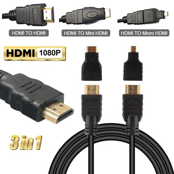 3 in 1 Full HD 1080P HDMI Cable Adaptor Kit (1.5m HDMI Cable + HDMI to Mini HDMI Adaptor + HDMI to Micro HDMI Adaptor) - Image 2