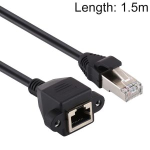 RJ45 Female to Male CAT5E Network Panel Mount Screw Lock Extension Cable, Length: 1.5m (Black)