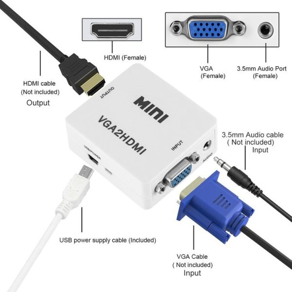 HD 1080P HDMI Mini VGA to HDMI Scaler Box Audio Video Digital Converter (White) - Image 7
