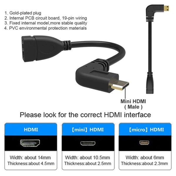 16cm Gold Plated Mini HDMI Male to HDMI 19 Pin Female Cable, 90 Degree Right Angle - Image 4