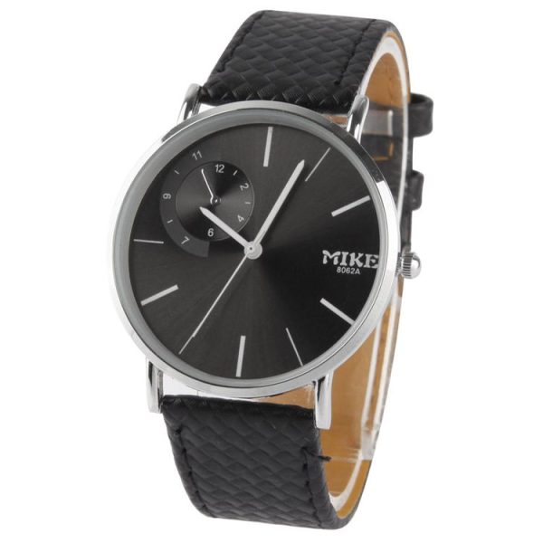 Black Dial Men Quartz Watch with Black Leather Watchband - Image 2