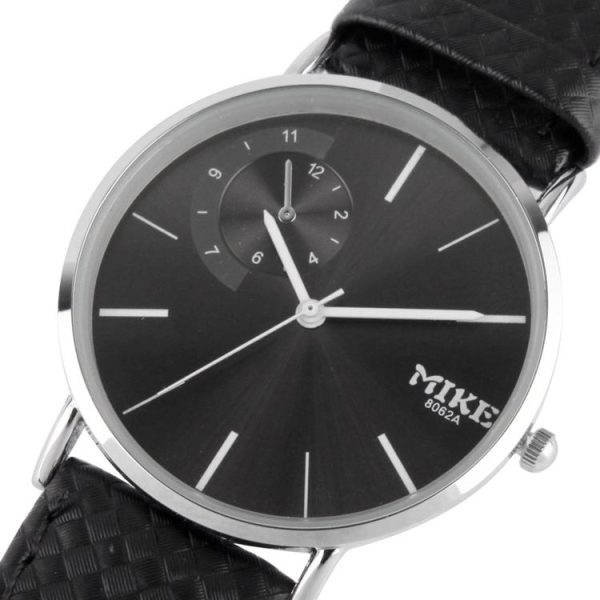 Black Dial Men Quartz Watch with Black Leather Watchband - Image 3