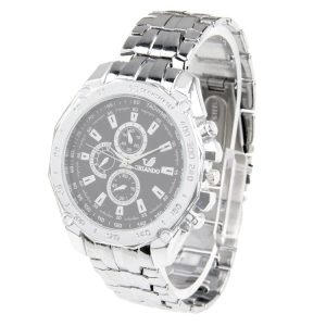 Round Dial 3 Decoration Dials Men Quartz Watch with Metal Band (Black)