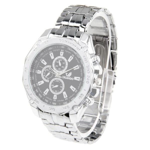 Round Dial 3 Decoration Dials Men Quartz Watch with Metal Band (Black)