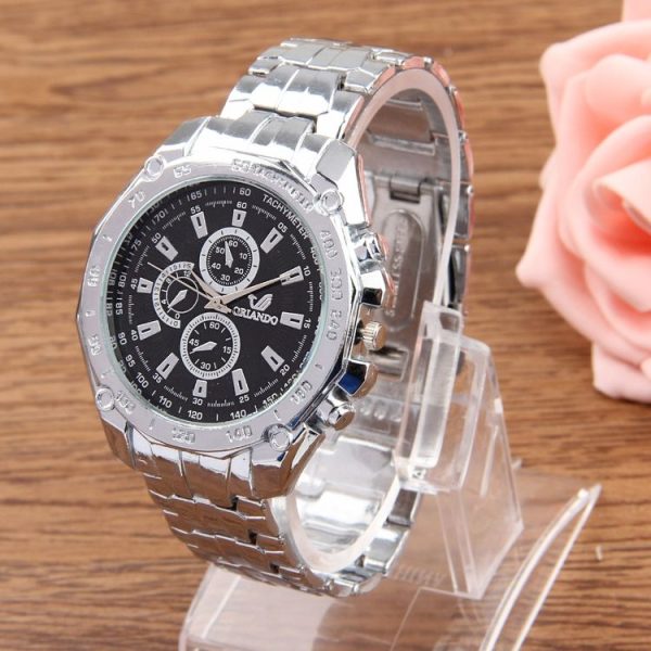 Round Dial 3 Decoration Dials Men Quartz Watch with Metal Band (Black) - Image 2
