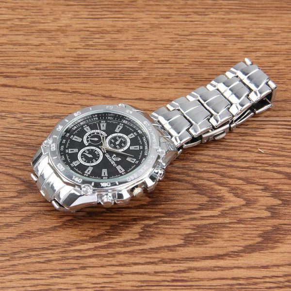 Round Dial 3 Decoration Dials Men Quartz Watch with Metal Band (Black) - Image 5