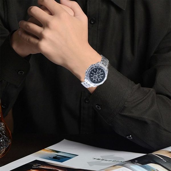 Round Dial 3 Decoration Dials Men Quartz Watch with Metal Band (Black) - Image 6