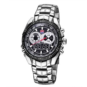 TVG Round Dial Hardlex Watch Window Luminous & Alarm & Week Display Function Quartz + Digital Double Movement Men Watch with Alloy Band (Black)