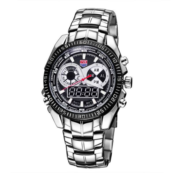 TVG Round Dial Hardlex Watch Window Luminous & Alarm & Week Display Function Quartz + Digital Double Movement Men Watch with Alloy Band (Black)