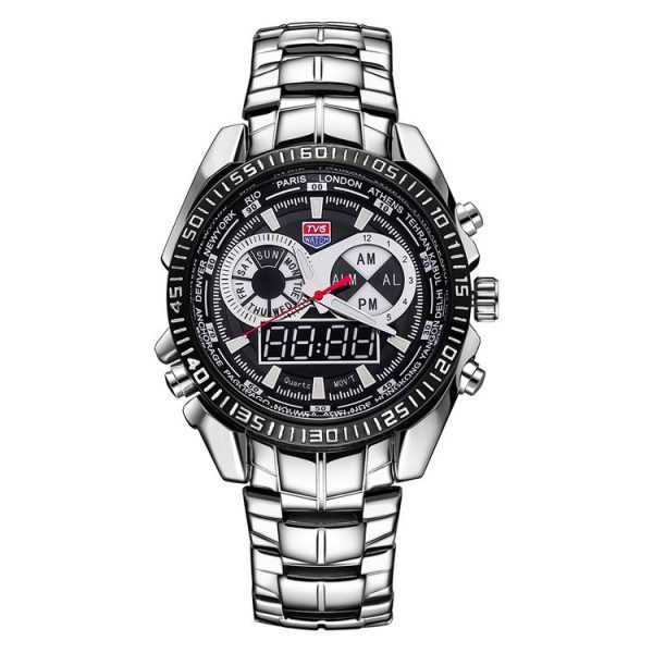 TVG Round Dial Hardlex Watch Window Luminous & Alarm & Week Display Function Quartz + Digital Double Movement Men Watch with Alloy Band (Black) - Image 2