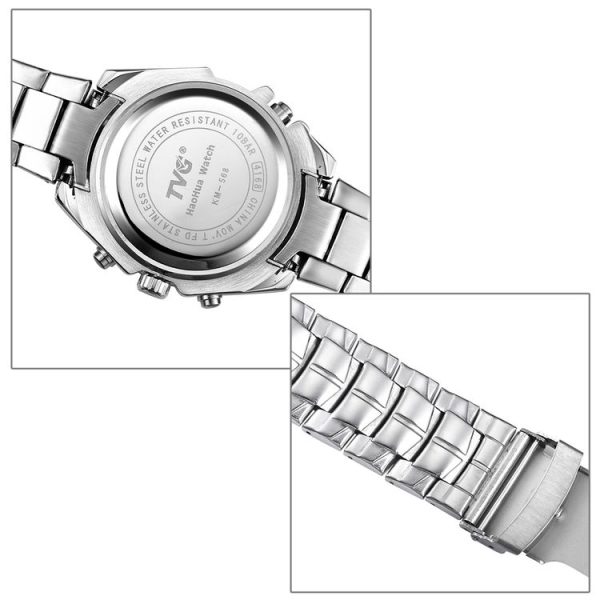TVG Round Dial Hardlex Watch Window Luminous & Alarm & Week Display Function Quartz + Digital Double Movement Men Watch with Alloy Band (Black) - Image 5