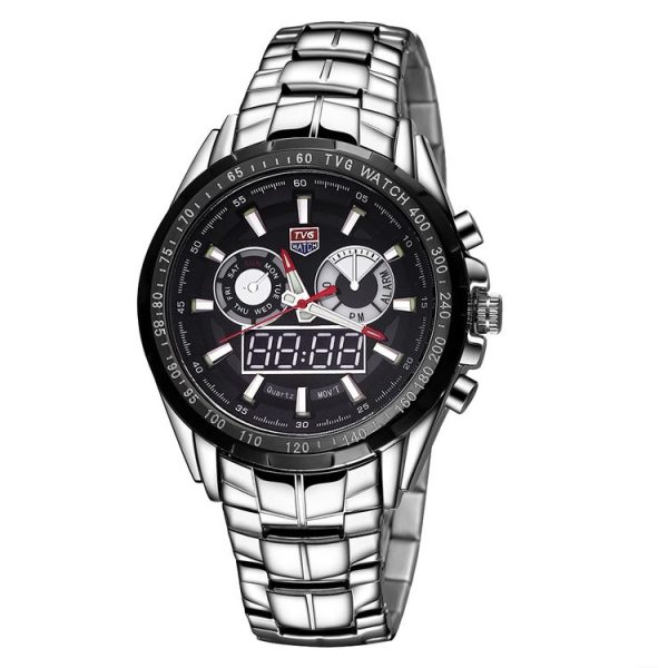 TVG Round Dial Glass Watch Window Luminous & Alarm & Week Display Function Quartz + Digital Double Movement Men Watch with Alloy Band (Black)