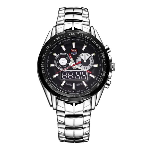 TVG Round Dial Glass Watch Window Luminous & Alarm & Week Display Function Quartz + Digital Double Movement Men Watch with Alloy Band (Black) - Image 2