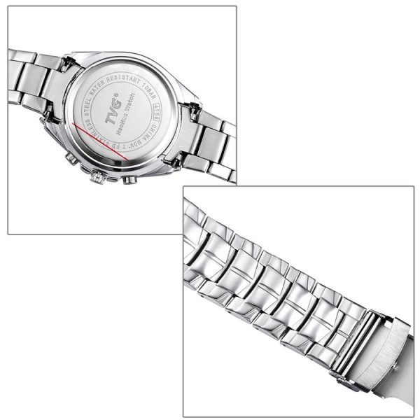 TVG Round Dial Glass Watch Window Luminous & Alarm & Week Display Function Quartz + Digital Double Movement Men Watch with Alloy Band (Black) - Image 5