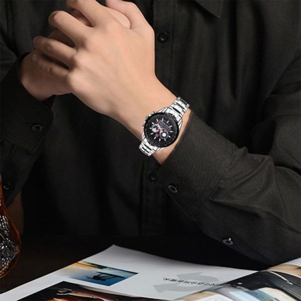 TVG Round Dial Glass Watch Window Luminous & Alarm & Week Display Function Quartz + Digital Double Movement Men Watch with Alloy Band (Black) - Image 6