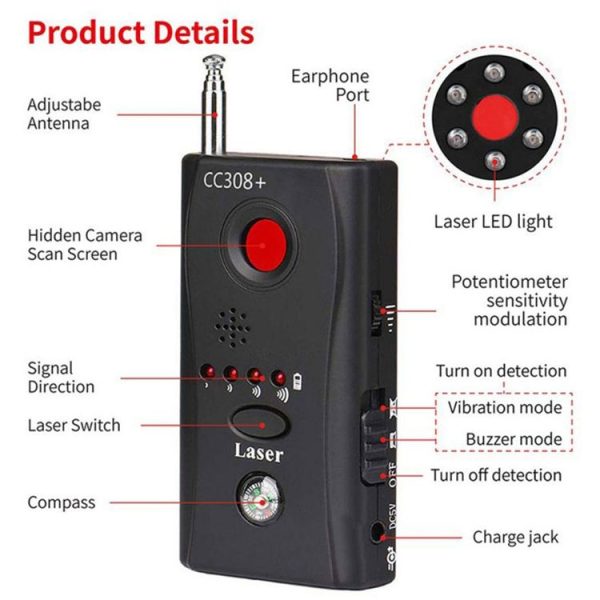 CC308+ Multi Wireless Camera Lens Detector Radio Wave Signal Detect Full-range RF GSM Device Finder (EU Plug) - Image 8