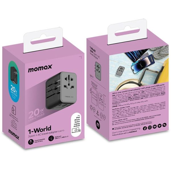 MOMAX UA11 1-World 20W PD Global Travel Fast Charger Power Adapter (Black) - Image 4