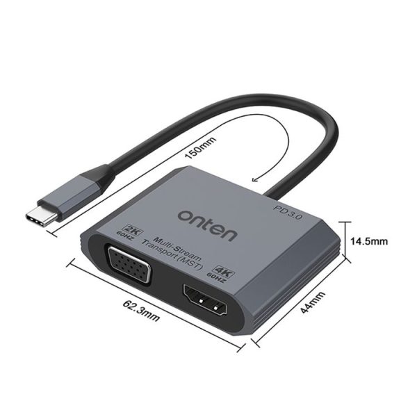 Onten M205 3 in 1 Type-C to HDMI+VGA+PD Fast Charge Video Converter (Grey) - Image 4