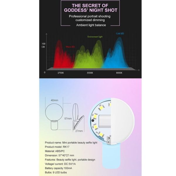 RK17 Mini and Portable Live Show Beauty Artifact 3 Levels of Brightness Warm and White Light Fill Light with 9 LED Light, For iPhone, Galaxy, Huawei, Xiaomi, LG, HTC and Other Smart Phones (Black) - Image 5
