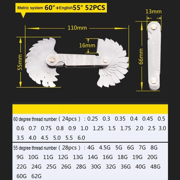 52 PCS Metric 60 Degrees +British 55 Degrees CR Stainless Steel Thread Gauge - Image 4